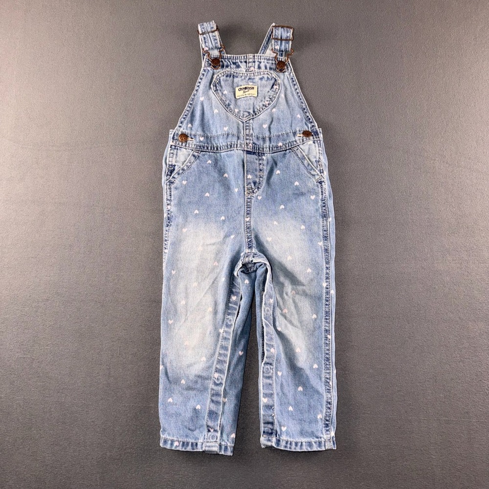 OshKosh Bgosh Girls 24M Blue Denim Heart Print‎ Bib Overalls Light Wash 1K338210